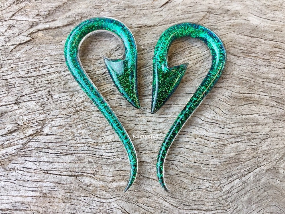 1 Pair (2 Pieces) Emerald Green Dichroic Glass South Pacific Islands Tribal Fish Hooks