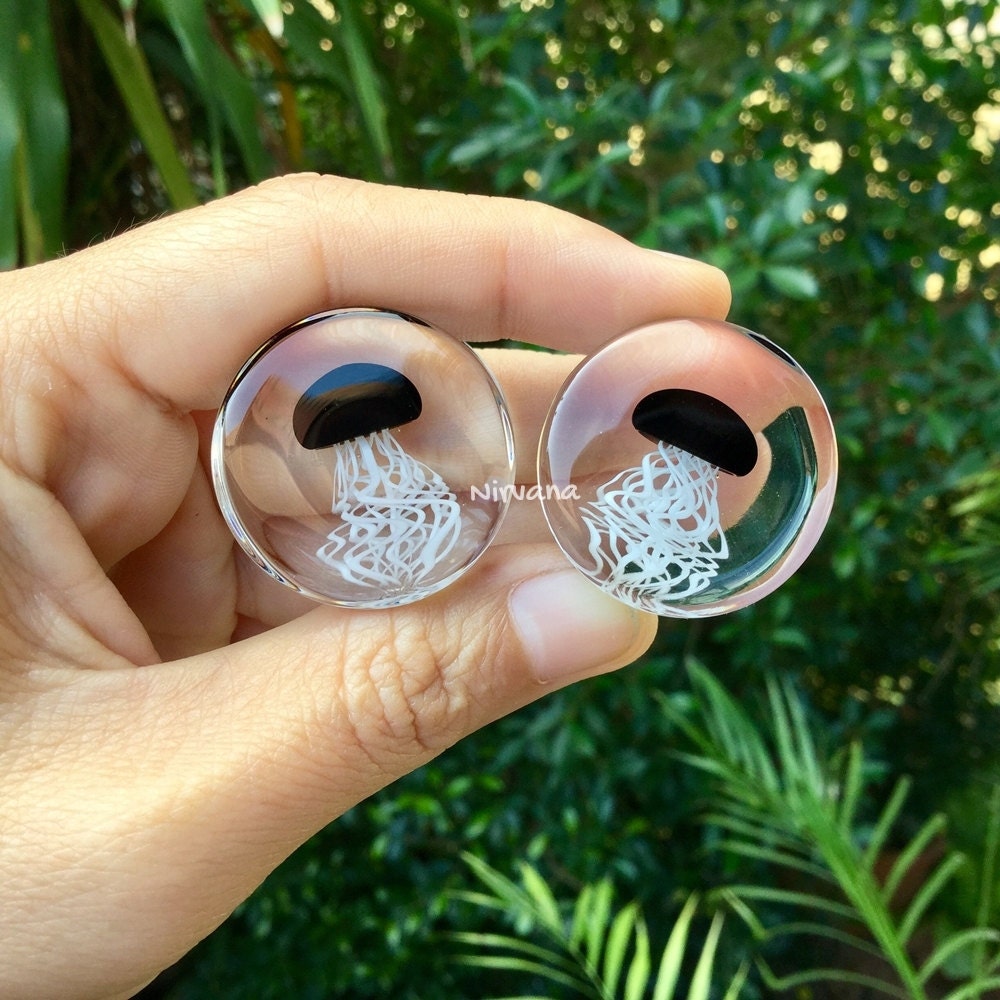 1 Pair (2 Pieces) Pyrex Glass Black Jellyfish Plugs
