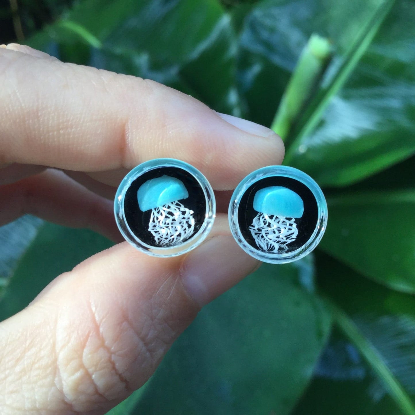 1 Pair (2 Pieces) Aqua Pyrex Glass Jellyfish Plugs Black Background