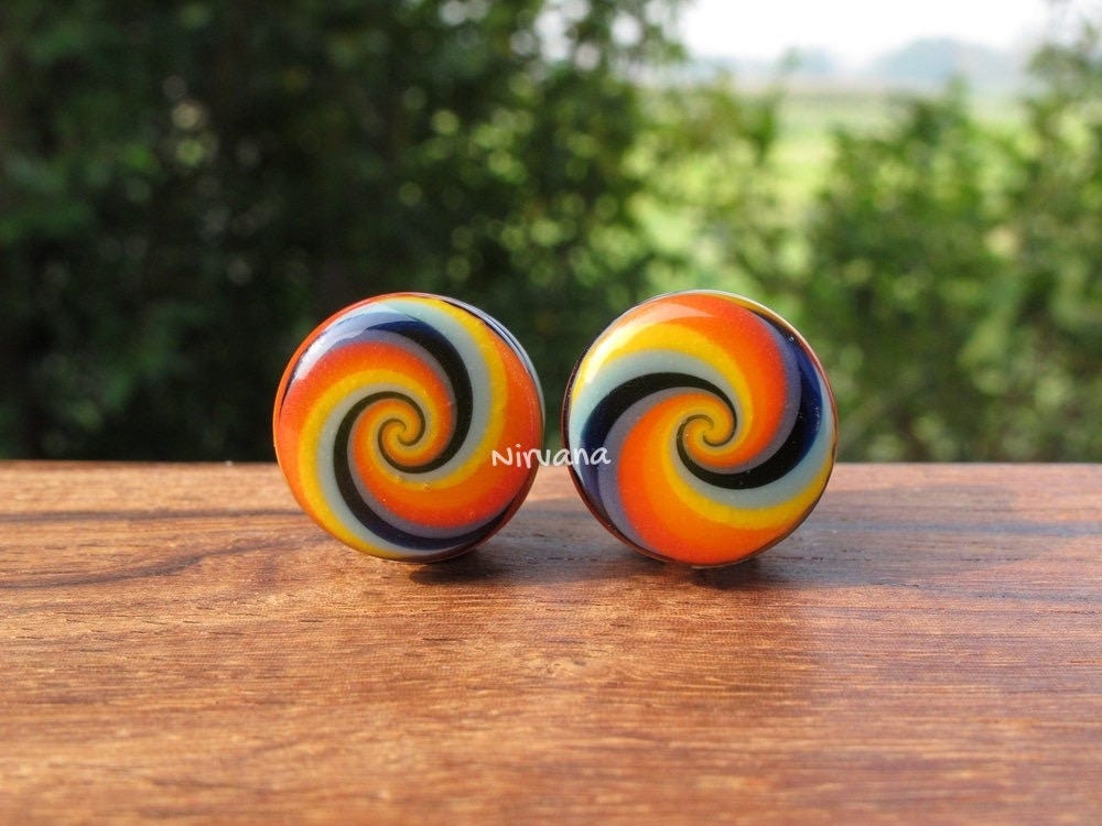 1 Pair (2 Pieces) Rainbow Striped Candy Spiral Glass Plugs