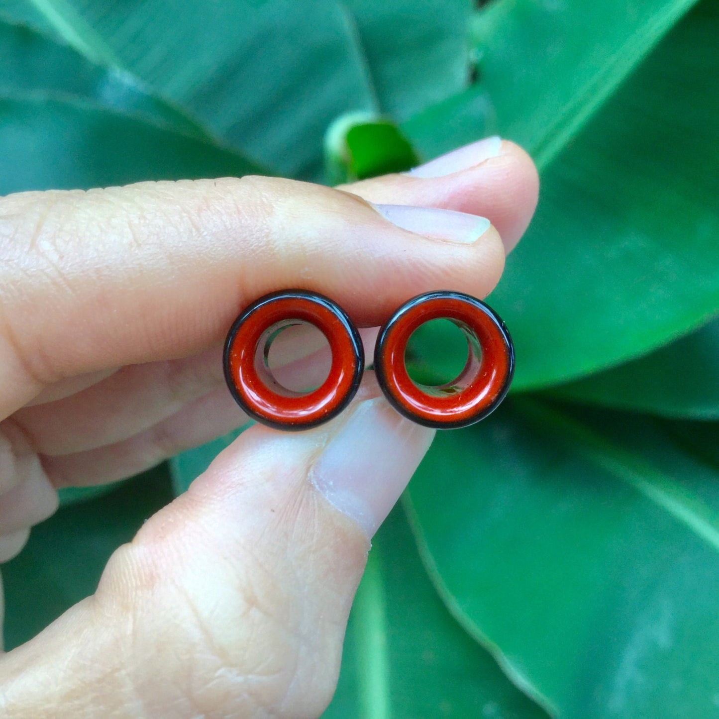 1 Pair (2 Pieces) Black & Dark Red 2 Tone Tunnels Glass