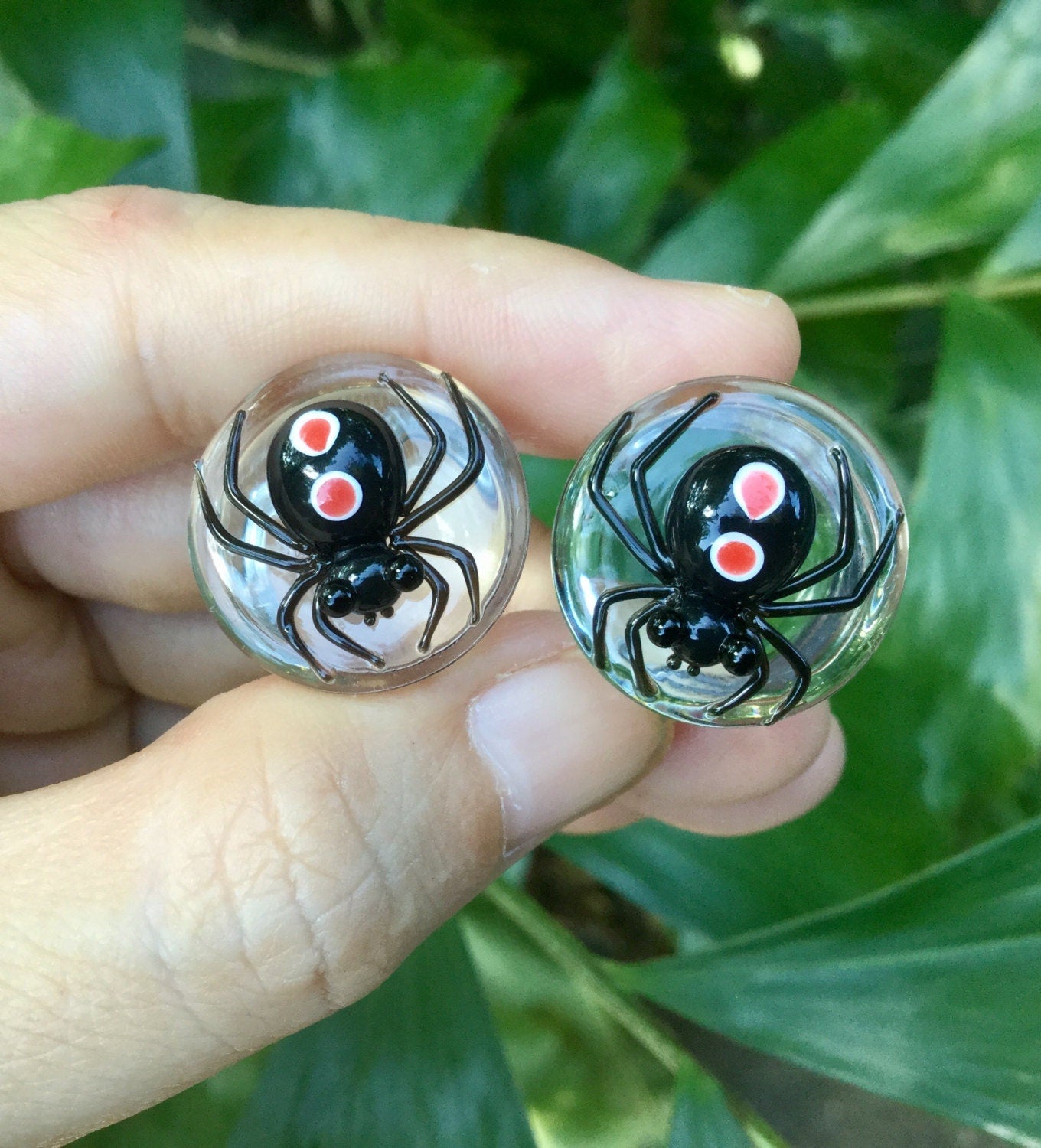 1 Pair (2 Pieces) Black Widow Spider with 2 Bright Red Spots Glass Plugs