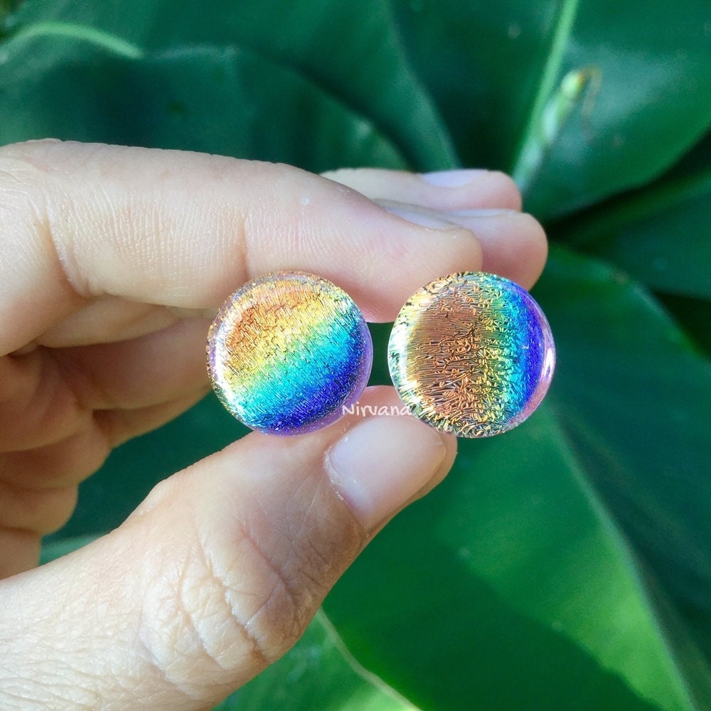 1 Pair (2 Pieces) Translucent Aquatic Rainbow Dichroic Glass Plugs on Translucent Pink