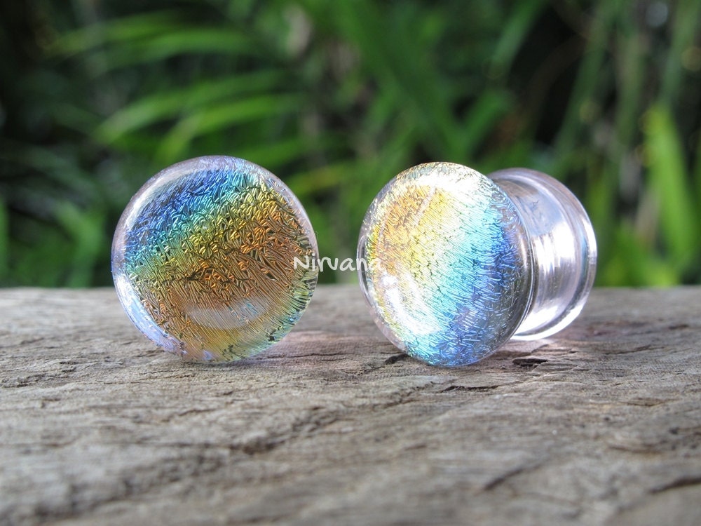 1 Pair (2 Pieces) Translucent Aquatic Rainbow Dichroic Glass Plugs on Translucent Pink