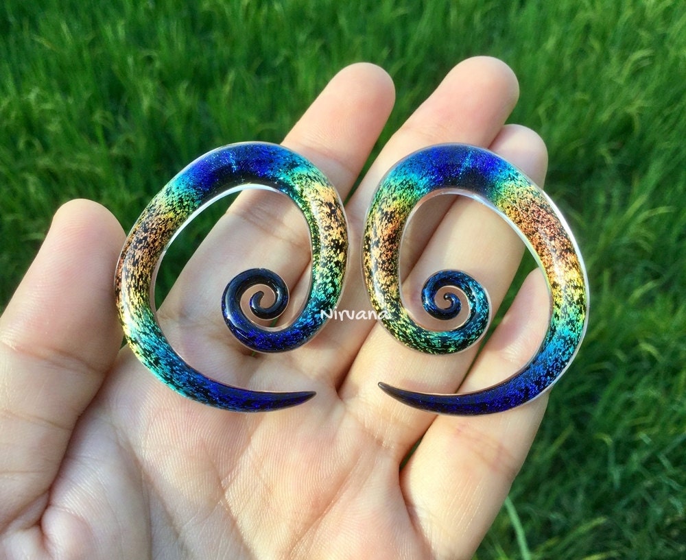 1 Pair (2 pieces) Aquatic Rainbow Dichroic Glass Tear Drop Spirals