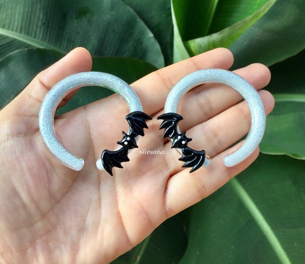 1 Pair (2 Pieces) Bat Hoops with a Pearlescent "GRAY" Dichroic Background