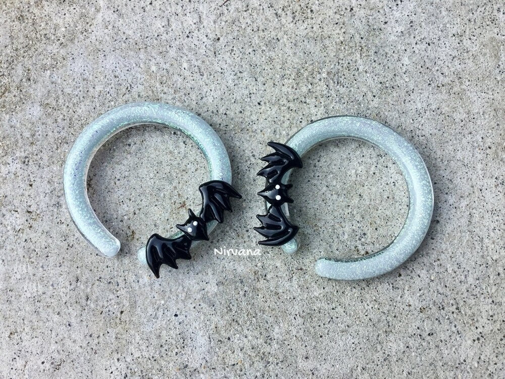 1 Pair (2 Pieces) Bat Hoops with a Pearlescent "GRAY" Dichroic Background