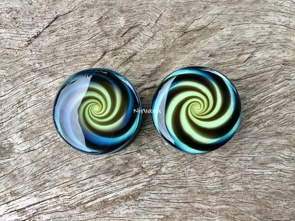 1 Pair (2 Pieces) Nirvana Hypnotic Swirl Plugs Pyrex Glass