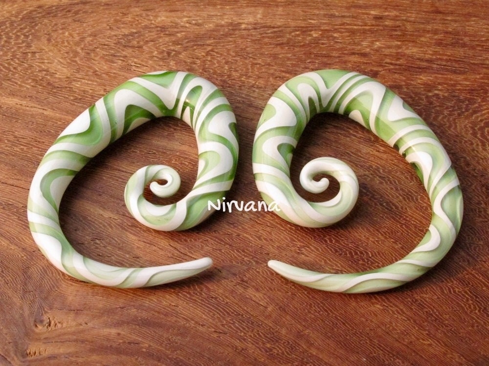 1 Pair (2 Pieces) White & Translucent Light Green Snake Tear Drop Spirals Pyrex Glass