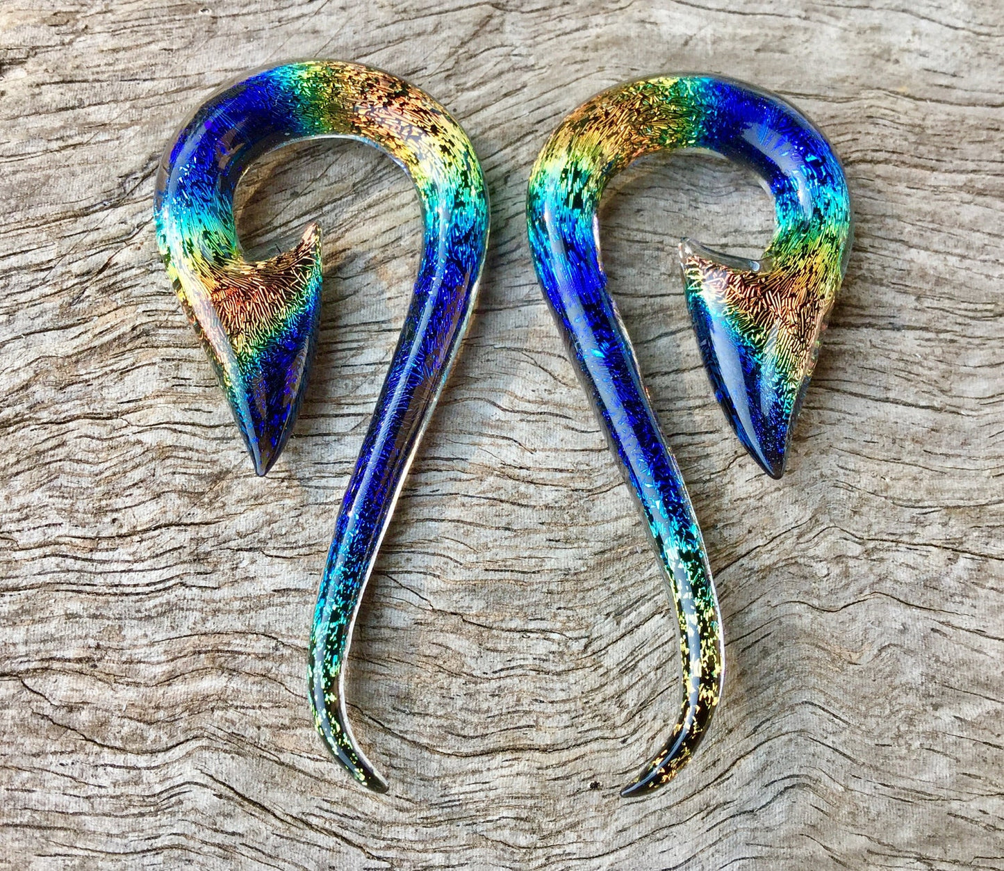 1 Pair (2 pieces) Aquatic Rainbow Dichroic Glass South Pacific Islands Tribal Fish Hooks