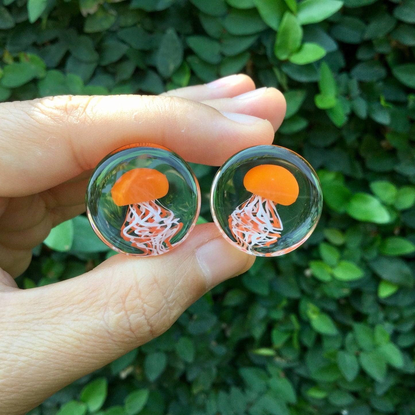 1 Pair (2 Pieces) Pyrex Glass Orange Head Jellyfish Plugs with White & Orange Legs
