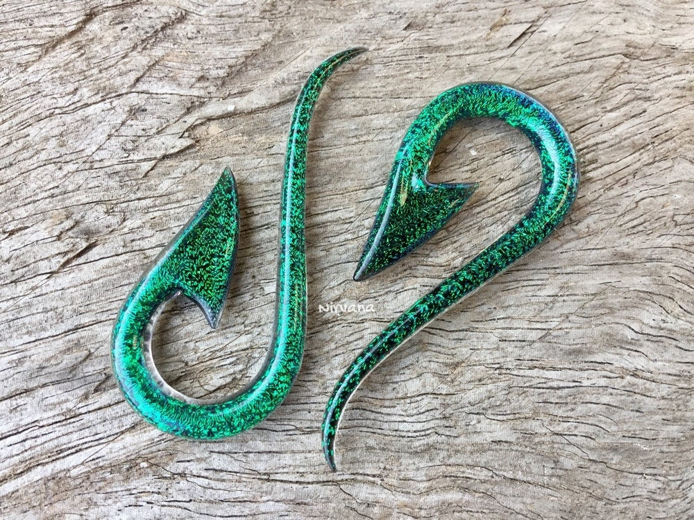 1 Pair (2 Pieces) Emerald Green Dichroic Glass South Pacific Islands Tribal Fish Hooks