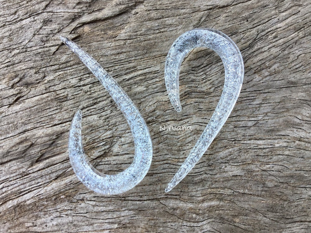 1 Pair (2 Pieces) Translucent Dichroic Silver Glass Fish Hook Spirals