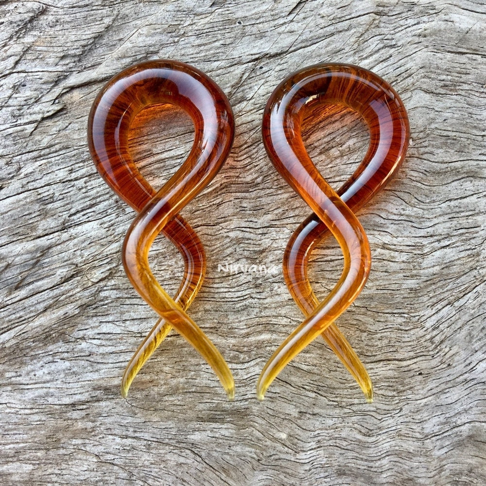 1 Pair (2 Pieces) Amber Color Glass Double Twists