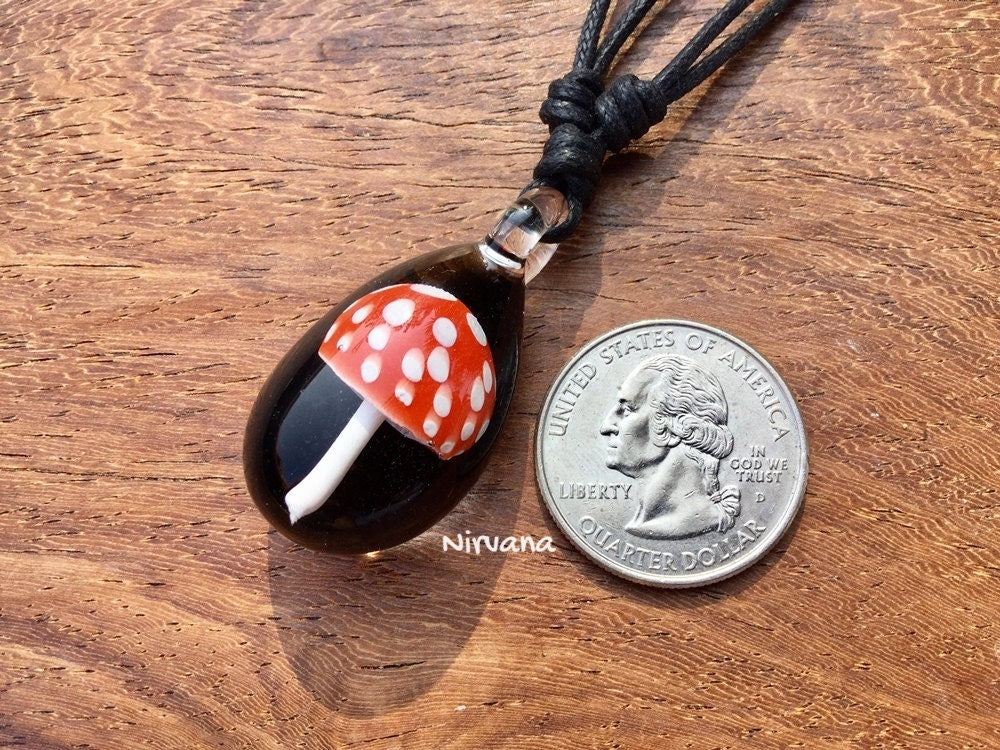 1 Piece - Red Magic Mushroom with White Spots Pendant with Black Waxed Linen Adjustable Cord!!!