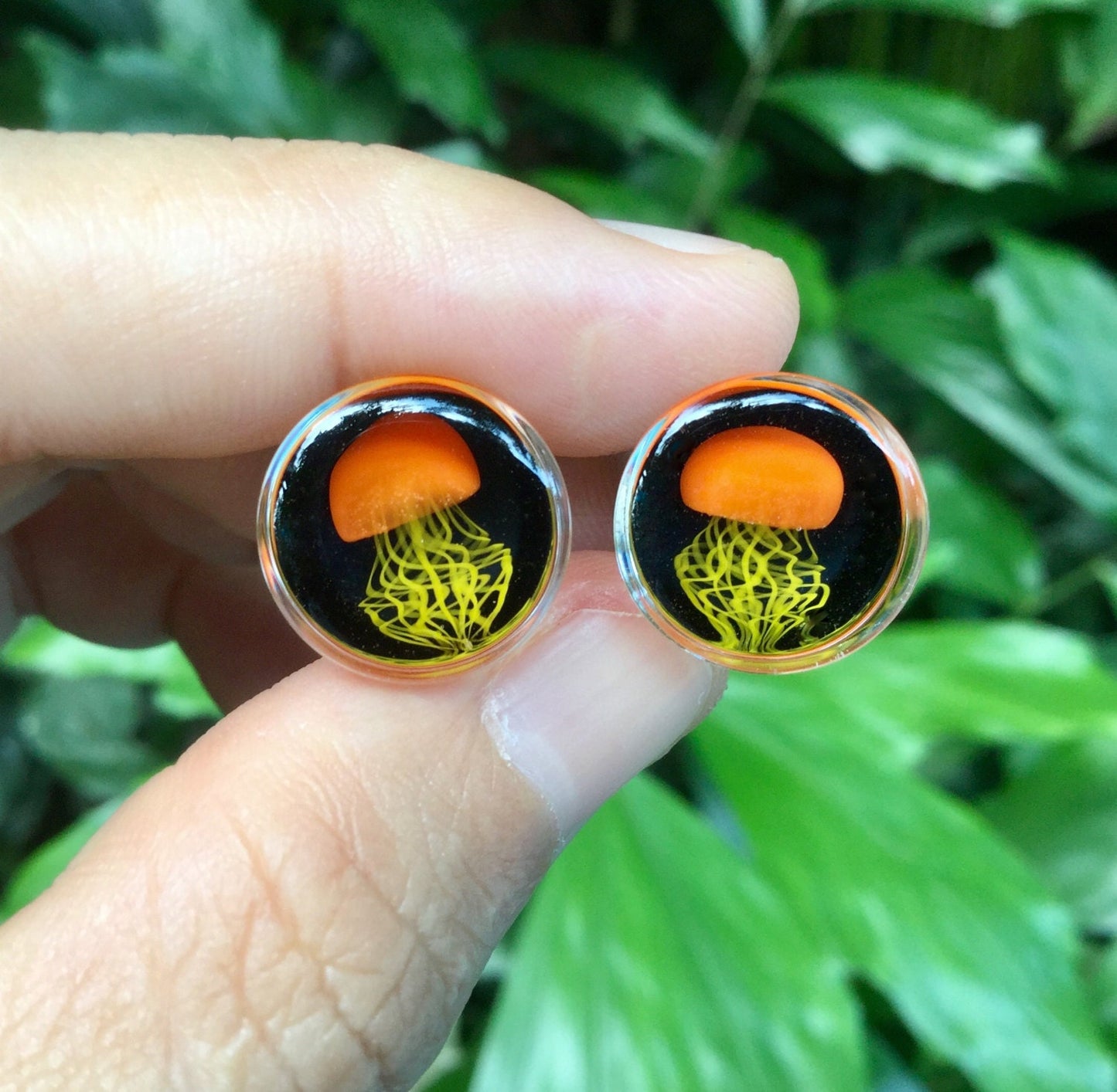 1 Pair (2 Pieces) - Pyrex Glass Orange Jellyfish Plugs Black Background Lt. Yellow Legs