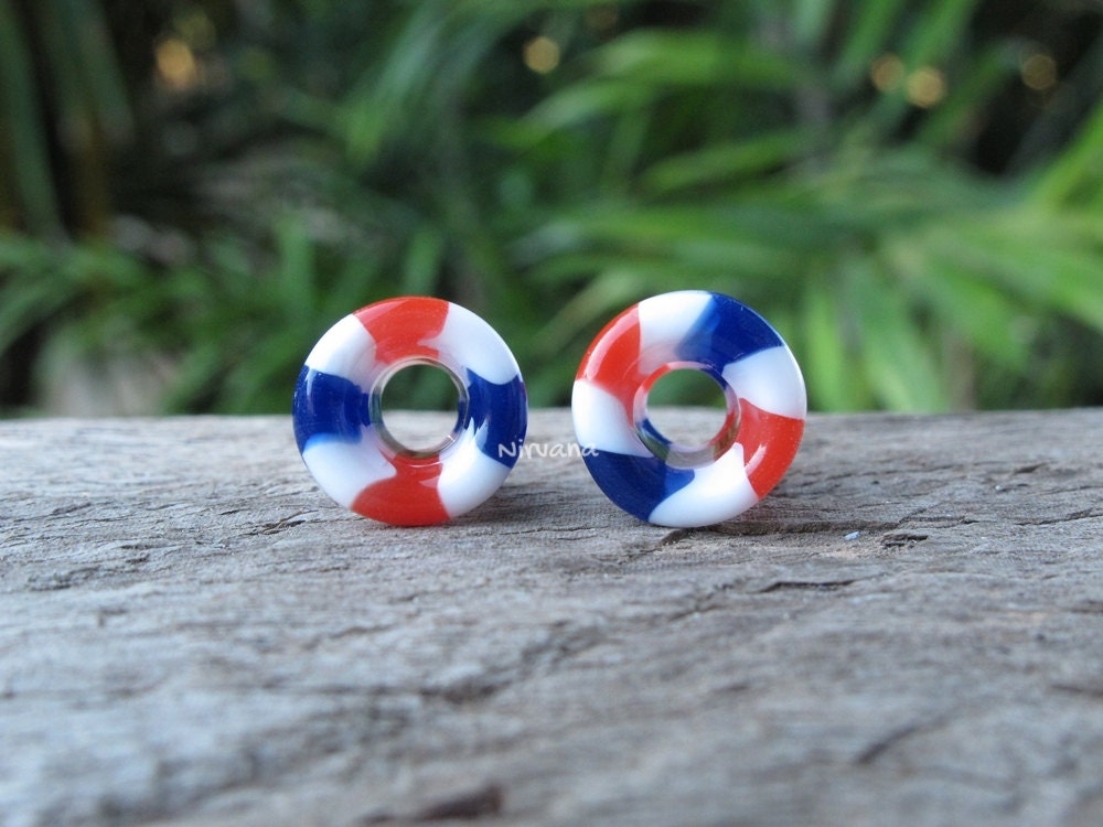 1 Pair (2 Pieces) Red, White & Blue Parallel Lines Pyrex Glass Tunnels