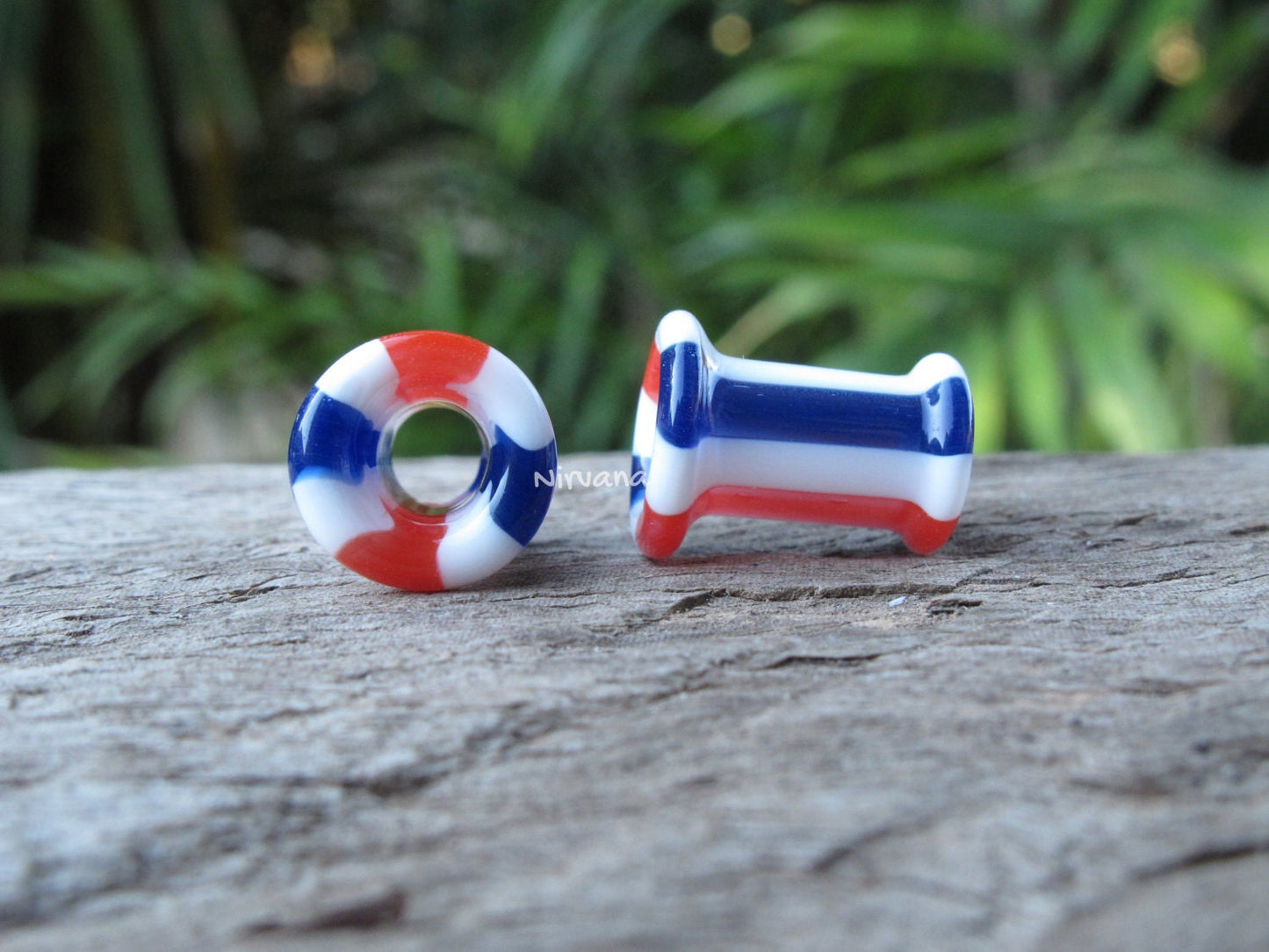 1 Pair (2 Pieces) Red, White & Blue Parallel Lines Pyrex Glass Tunnels
