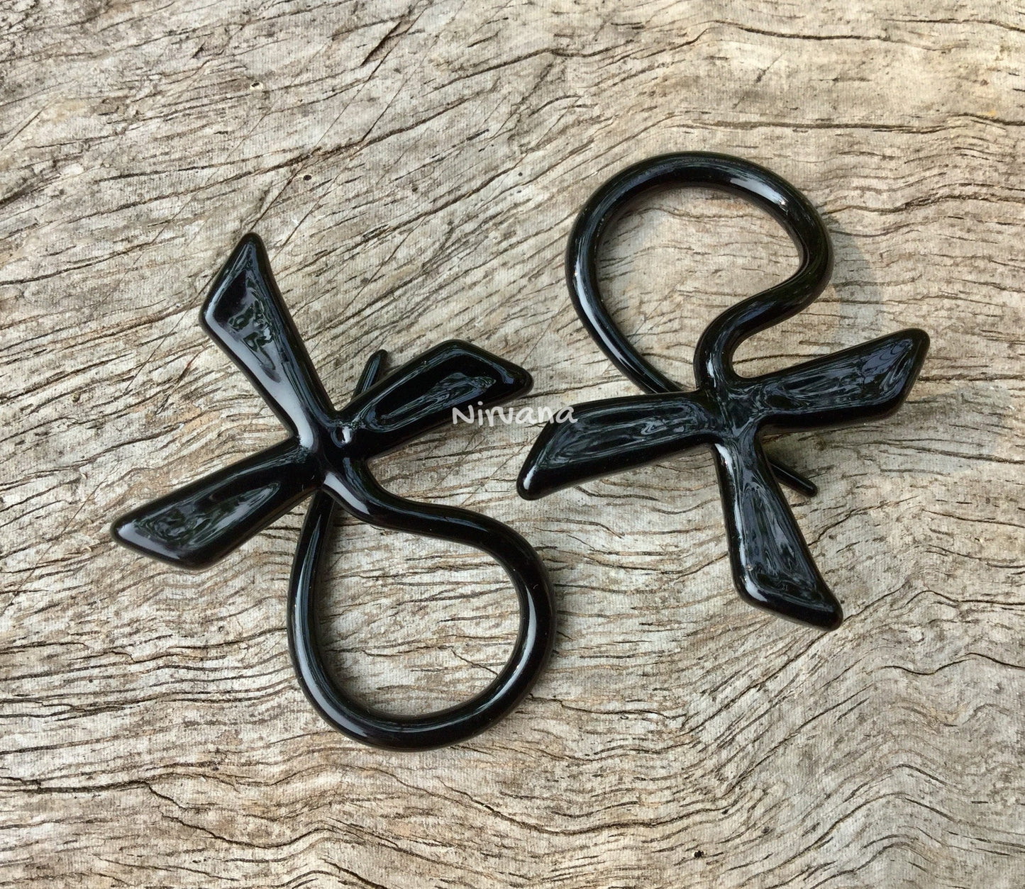 1 Pair (2 Pieces) Black Egyptian Ankh Cross Pyrex glass Ear Spirals