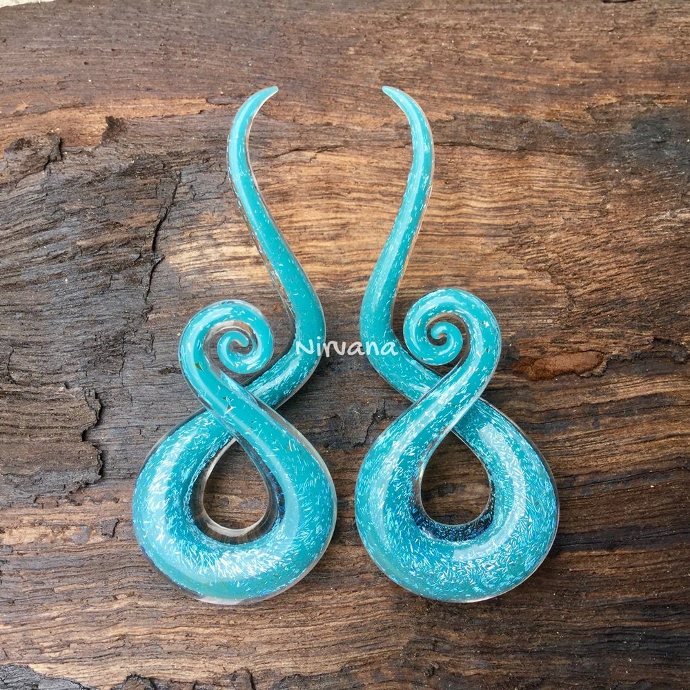 1 Pair (2 Pieces) Light Blue Opal Dichroic Glass Note Spirals