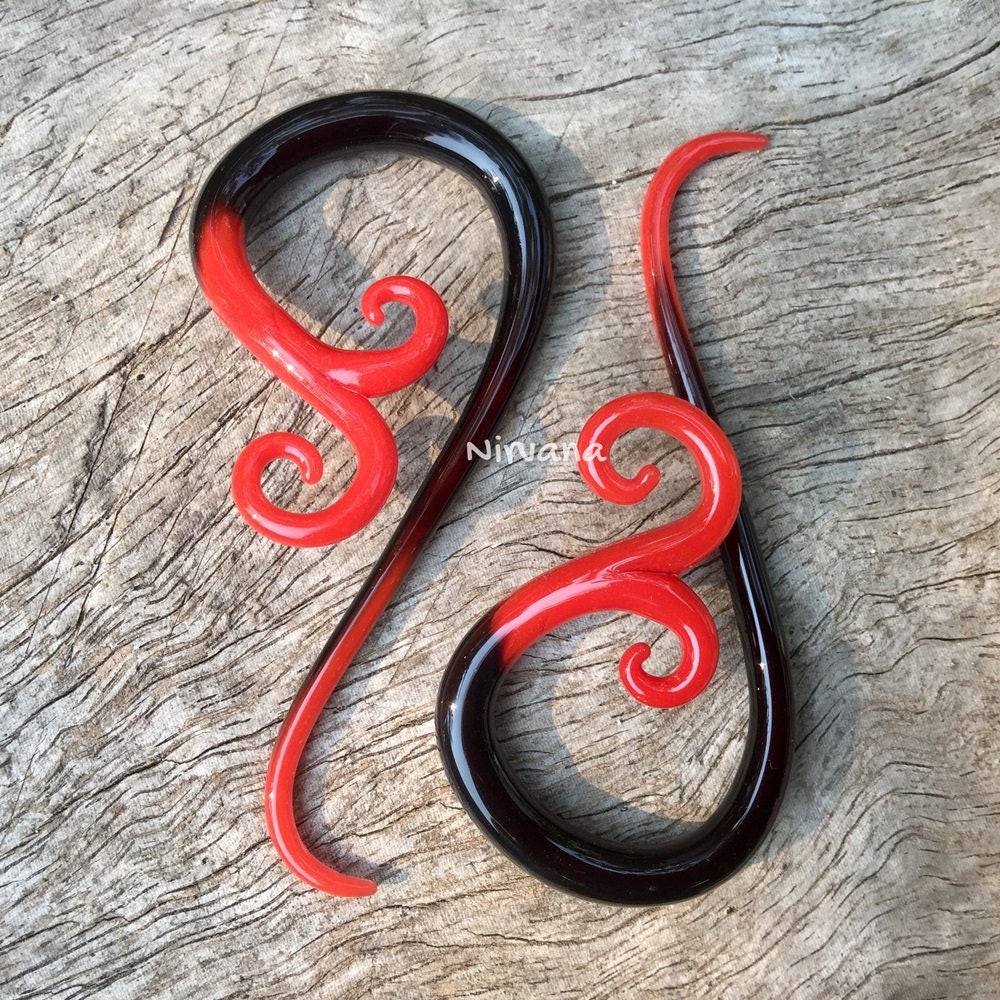 1 Pair (2 Pieces) Two Tone Black with Red Tips Venus Spirals Glass