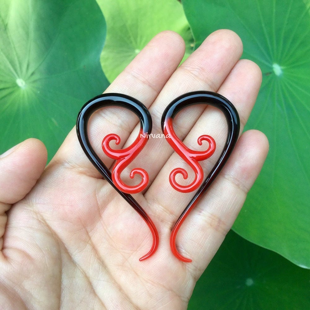 1 Pair (2 Pieces) Two Tone Black with Red Tips Venus Spirals Glass