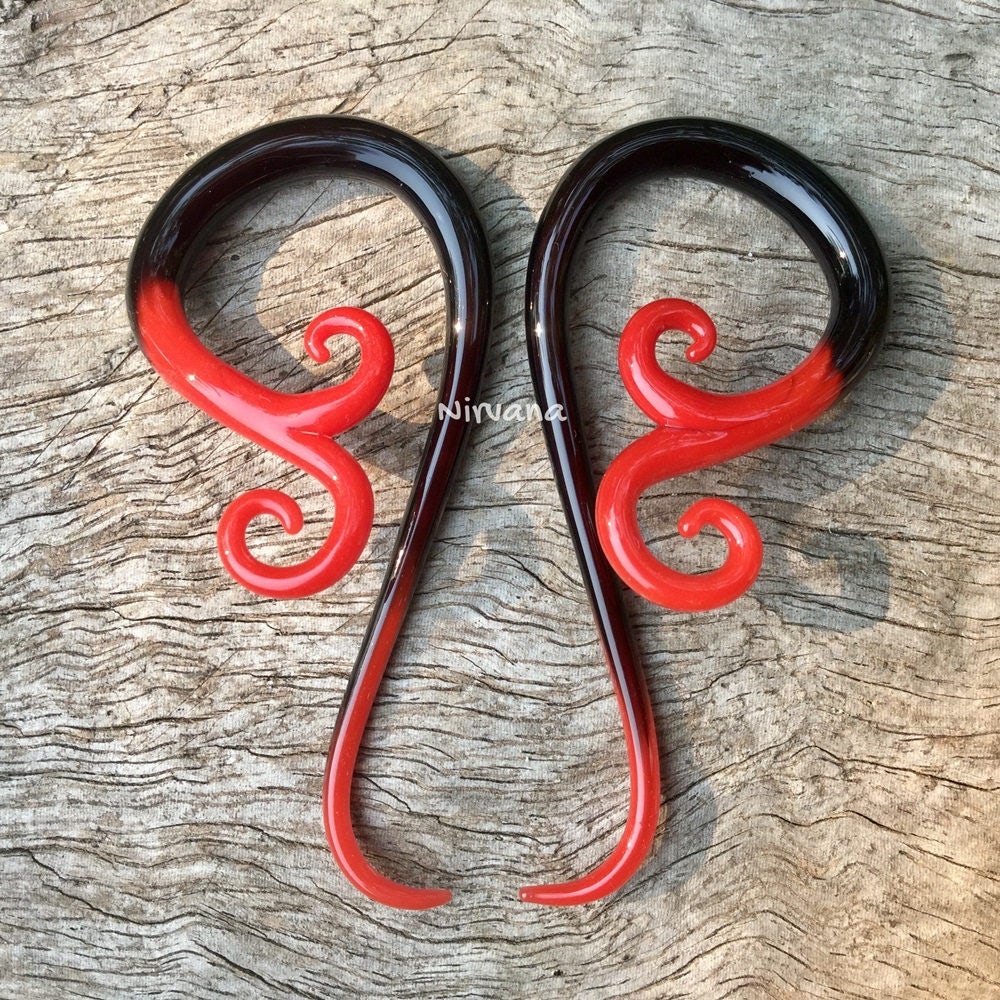 1 Pair (2 Pieces) Two Tone Black with Red Tips Venus Spirals Glass