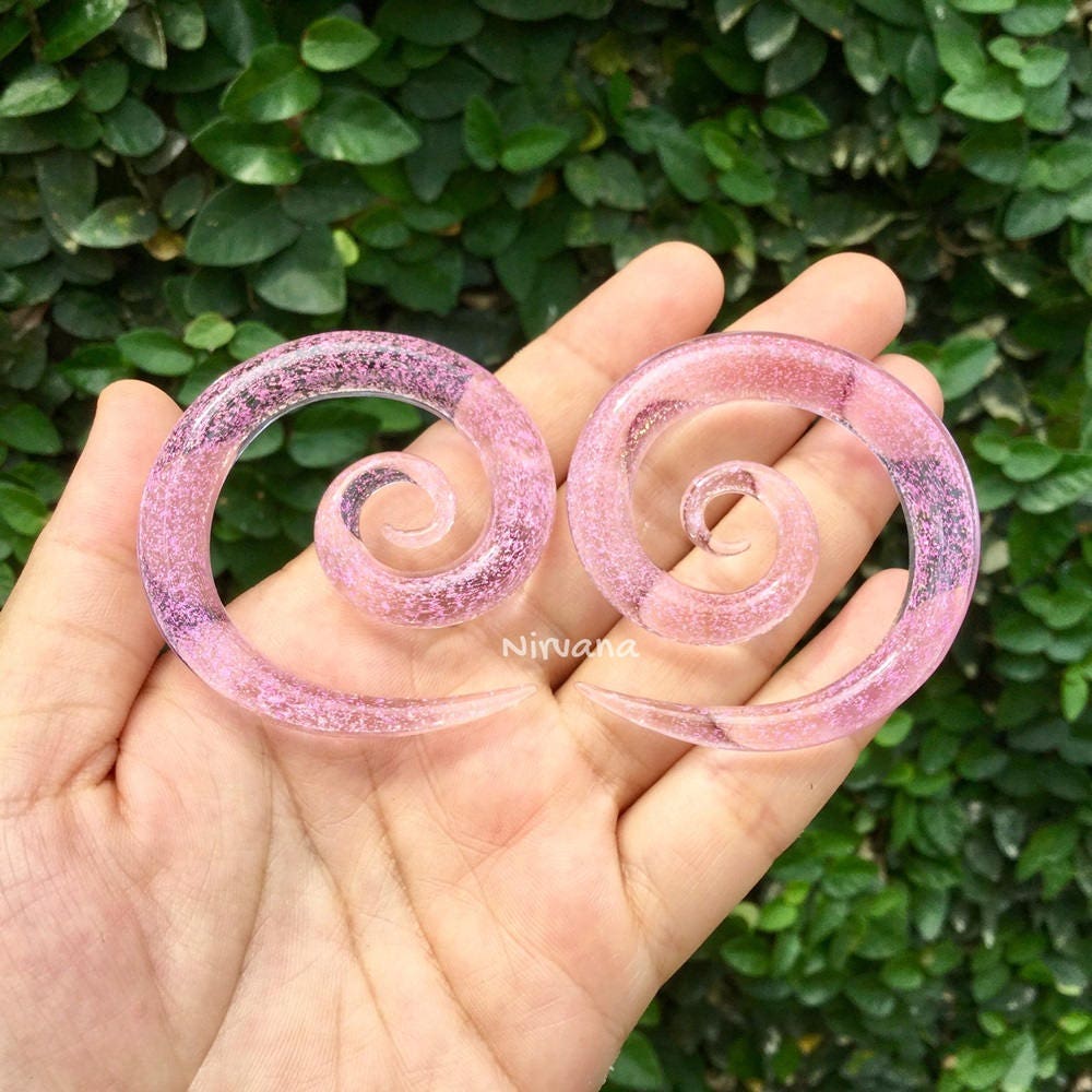 1 Pair (2 Pieces) Translucent Hot Pink Dichroic Trans Pink Glass Super Spirals