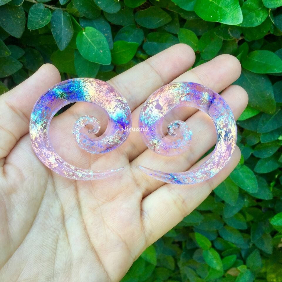 1 Pair (2 Pieces) Translucent Pink Translucent Rainbow Dichroic Glass Super Spirals