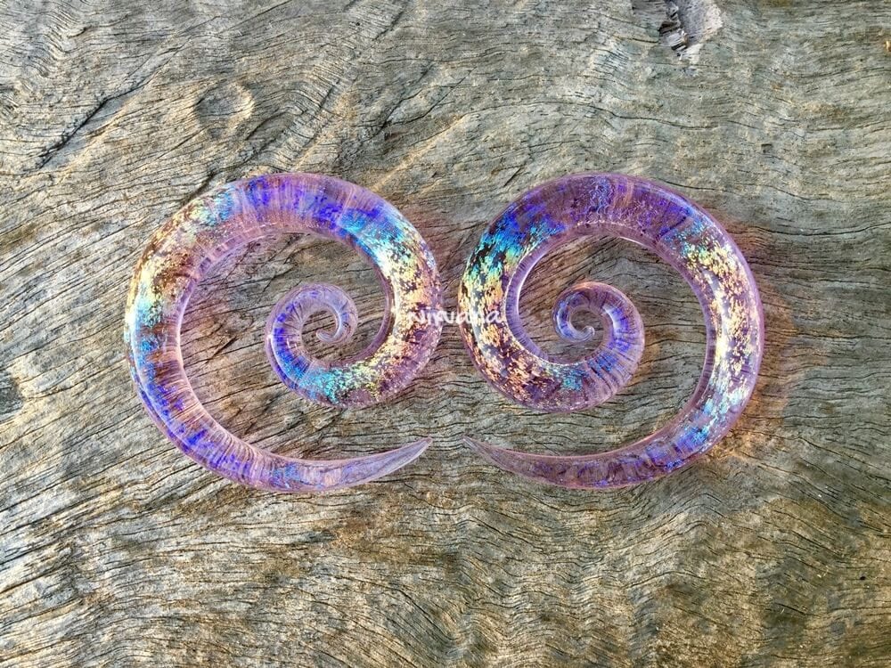 1 Pair (2 Pieces) Translucent Pink Translucent Rainbow Dichroic Glass Super Spirals