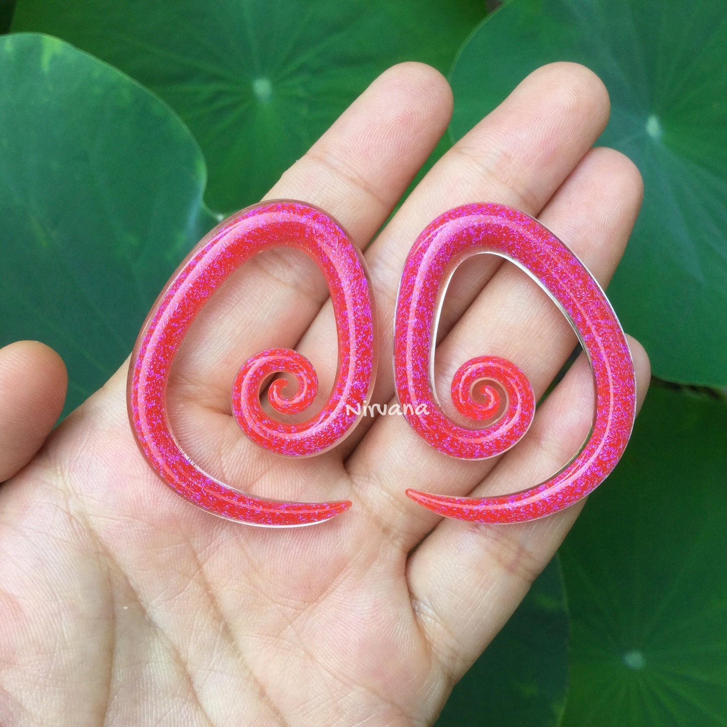 1 Pair (2 Pieces) Cherry Red/Pink Dichroic Glass Tear Drop Spirals