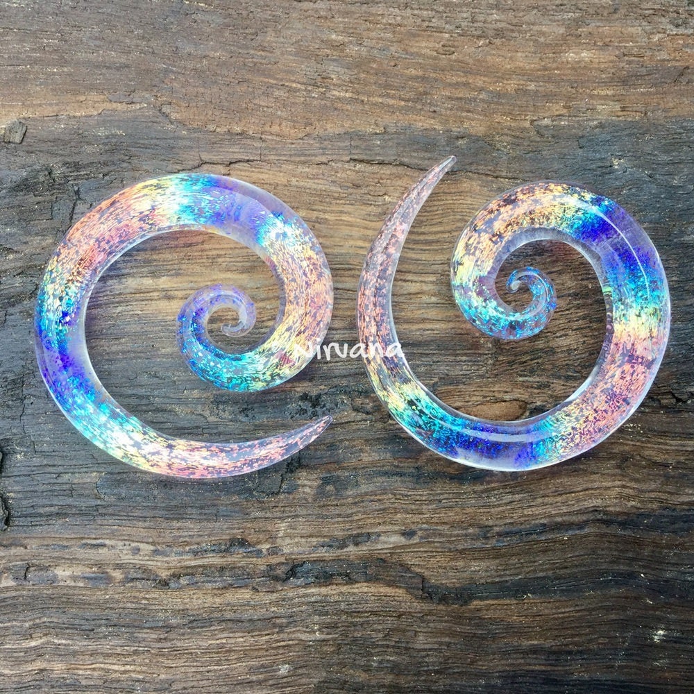 1 Pair (2 Pieces) Translucent Light Blue Translucent Rainbow Dichroic Glass Super Spirals