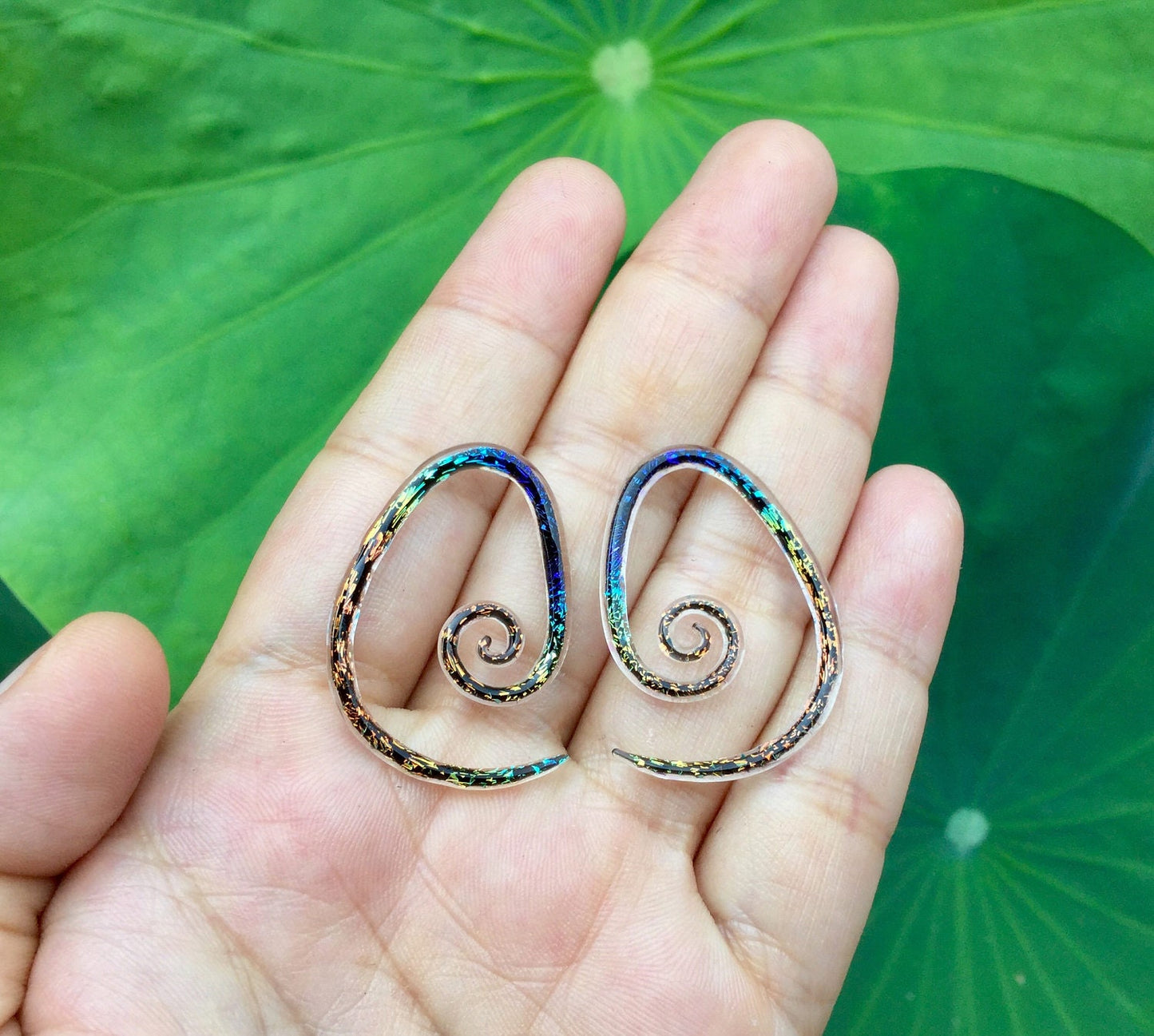 1 Pair (2 pieces) Aquatic Rainbow Dichroic Glass Tear Drop Spirals