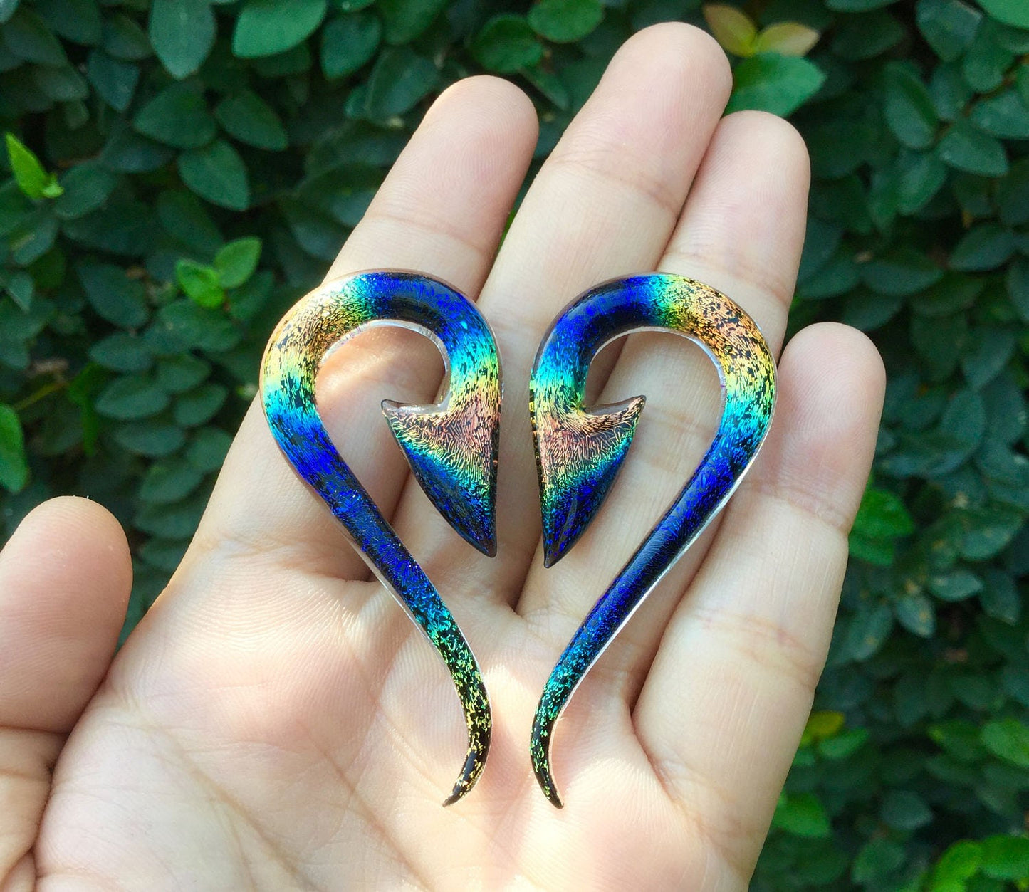 1 Pair (2 pieces) Aquatic Rainbow Dichroic Glass South Pacific Islands Tribal Fish Hooks