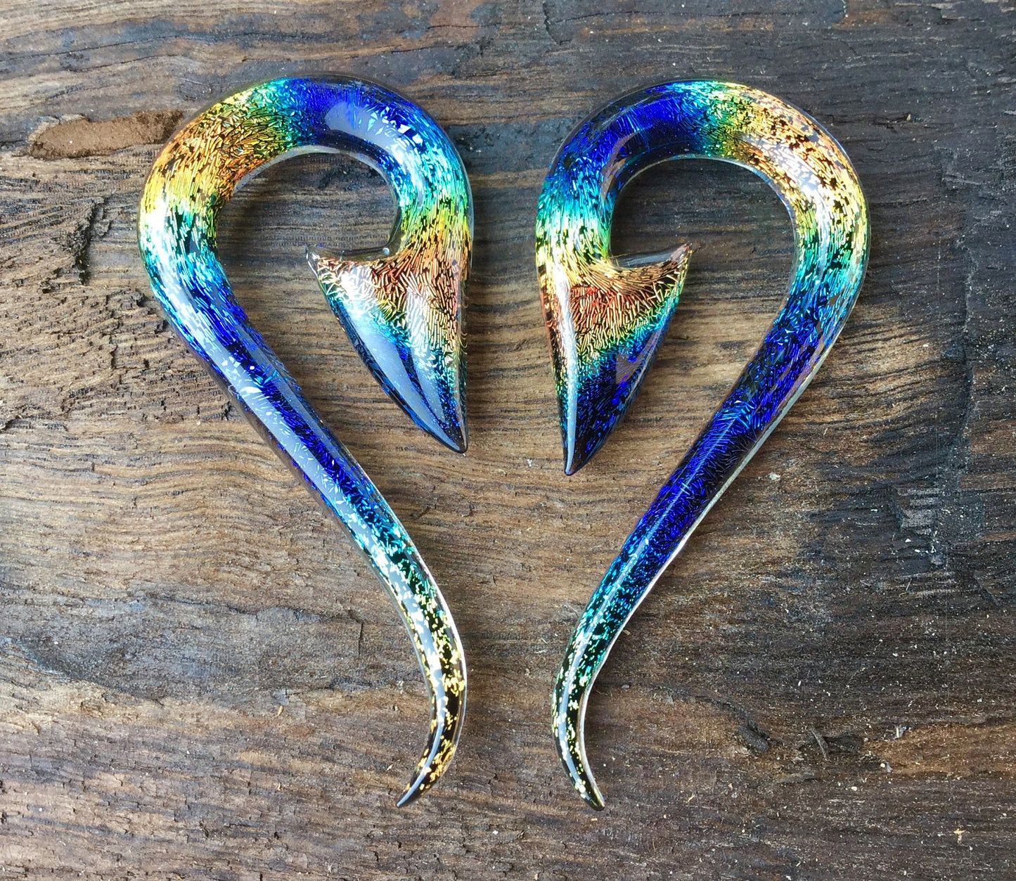 1 Pair (2 pieces) Aquatic Rainbow Dichroic Glass South Pacific Islands Tribal Fish Hooks