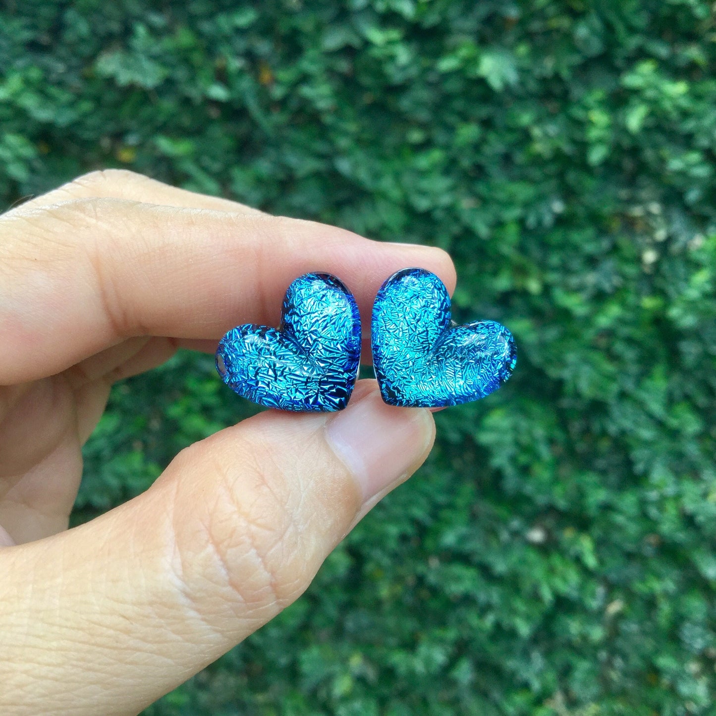 1 Pair (2 Pieces) Aqua Blue Dichroic Glass Heart Plugs