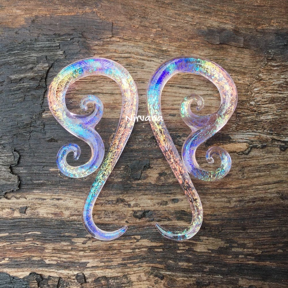 1 Pair (2 Pieces) Translucent Pink Translucent Rainbow Dichroic Glass Venus Spirals