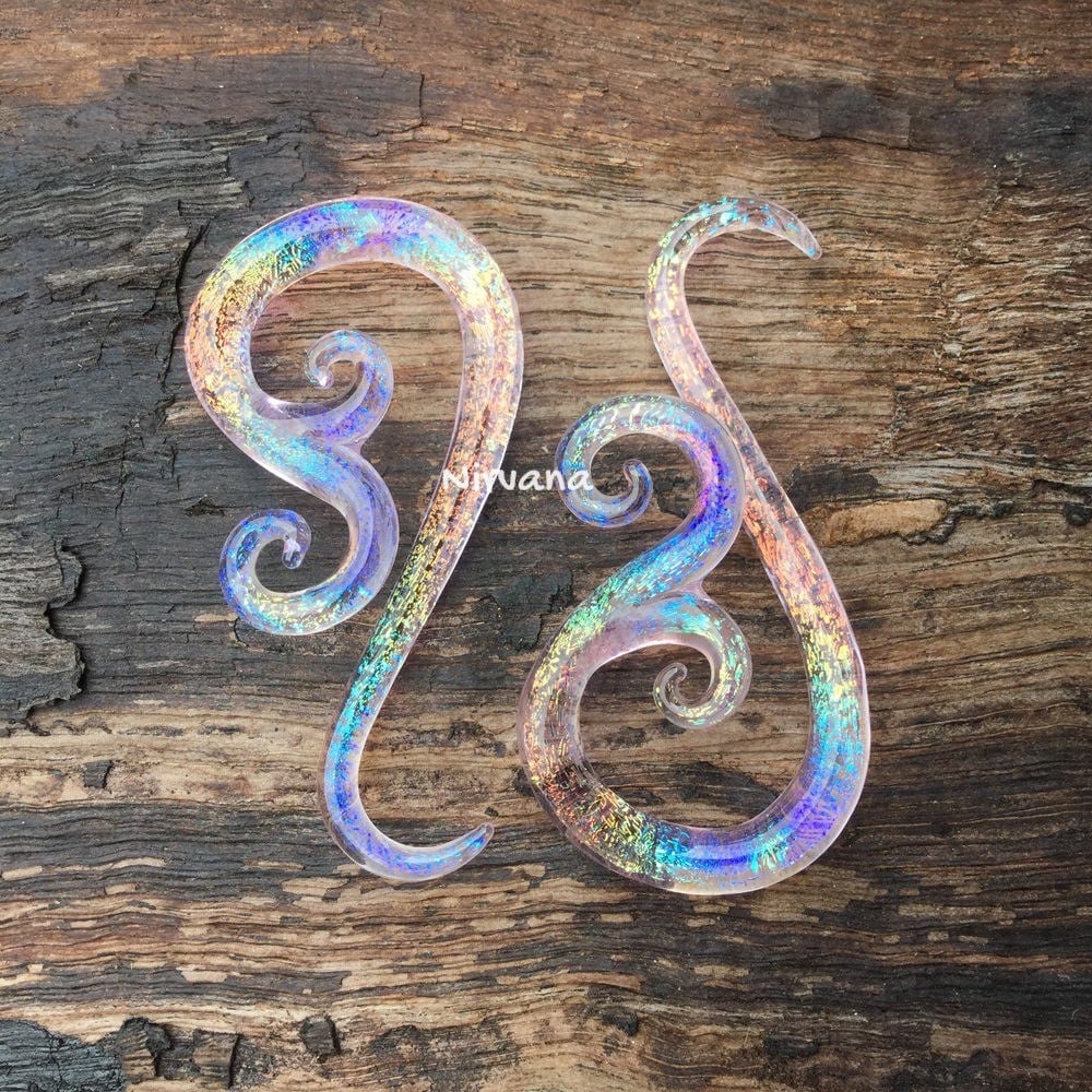 1 Pair (2 Pieces) Translucent Pink Translucent Rainbow Dichroic Glass Venus Spirals