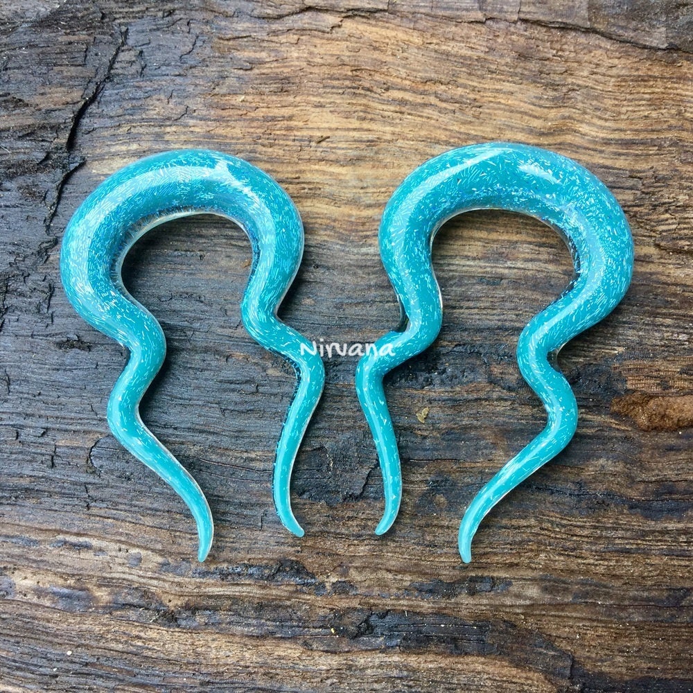 1 Pair (2 Pieces) Light Blue Opal Dichroic Glass Double Omega Spirals