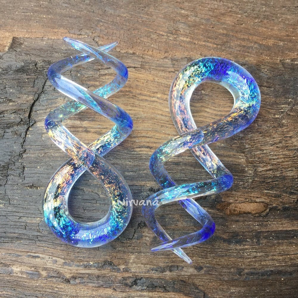 1 Pair (2 Pieces) Translucent Rainbow Dichroic Translucent Light Cobalt Glass Cork Screw Spirals