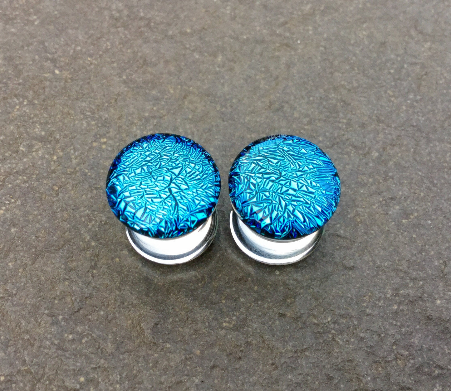 1 Pair (2 Pieces) Aqua Blue Dichroic Glass Plugs