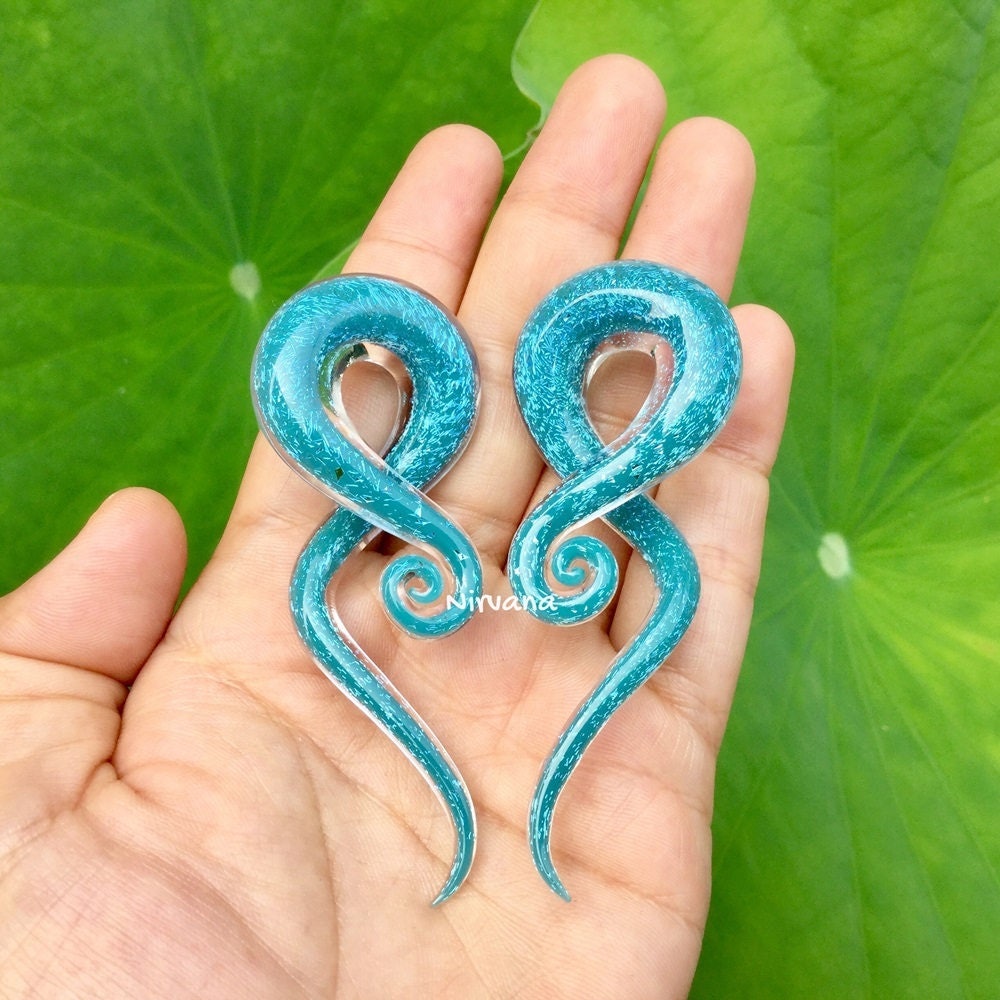1 Pair (2 Pieces) Light Blue Opal Dichroic Glass Note Spirals