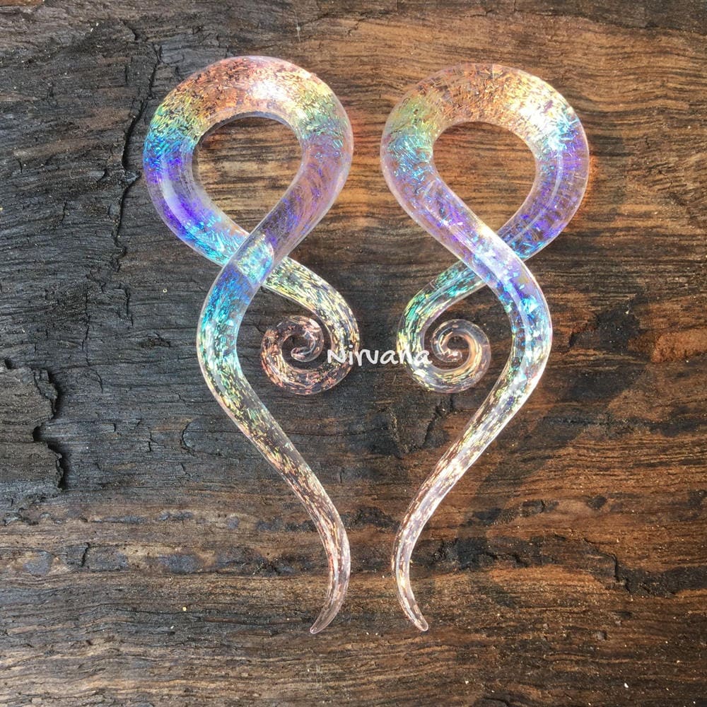 1 Pair (2 pieces) Translucent Aquatic Rainbow With Translucent Pink Background Dichroic Glass Note Spirals