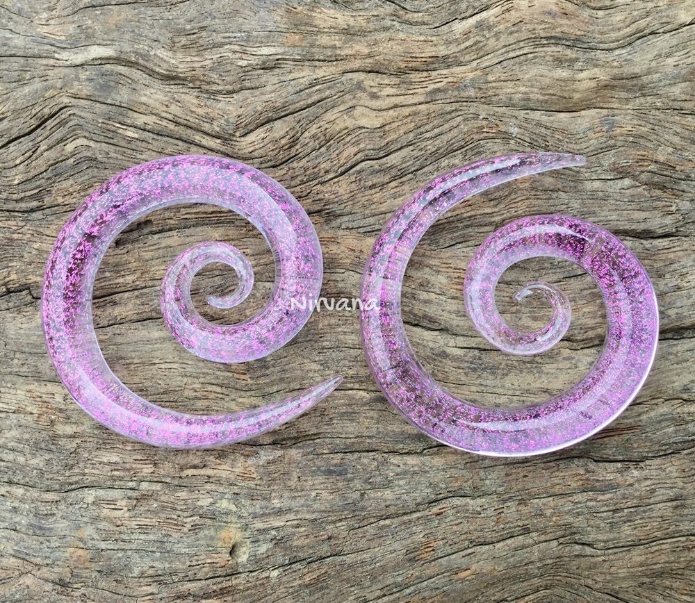 1 Pair (2 Pieces) Translucent Hot Pink Dichroic Trans Pink Glass Super Spirals