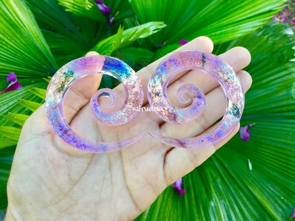 1 Pair (2 Pieces) Translucent Pink Translucent Rainbow Dichroic Glass Super Spirals