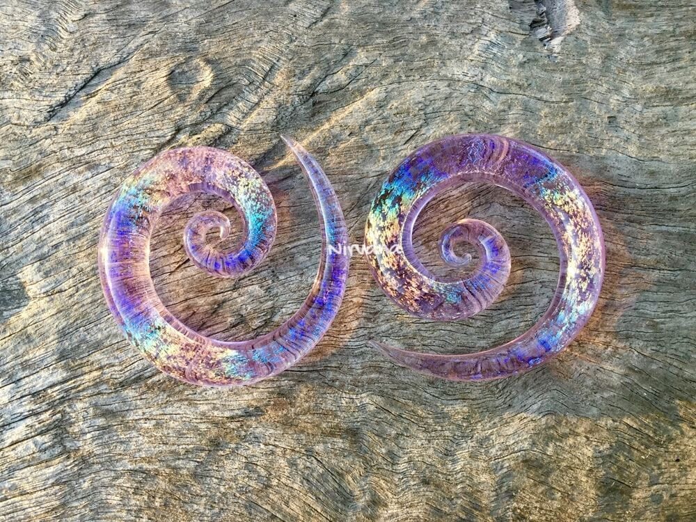 1 Pair (2 Pieces) Translucent Pink Translucent Rainbow Dichroic Glass Super Spirals