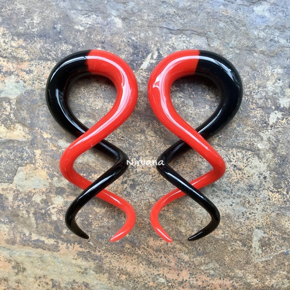 1 Pair (2 Pieces) Half and Half Black & Red Cork Screw Spirals Glass