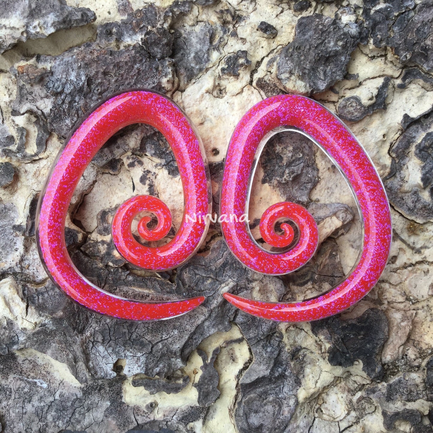 1 Pair (2 Pieces) Cherry Red/Pink Dichroic Glass Tear Drop Spirals