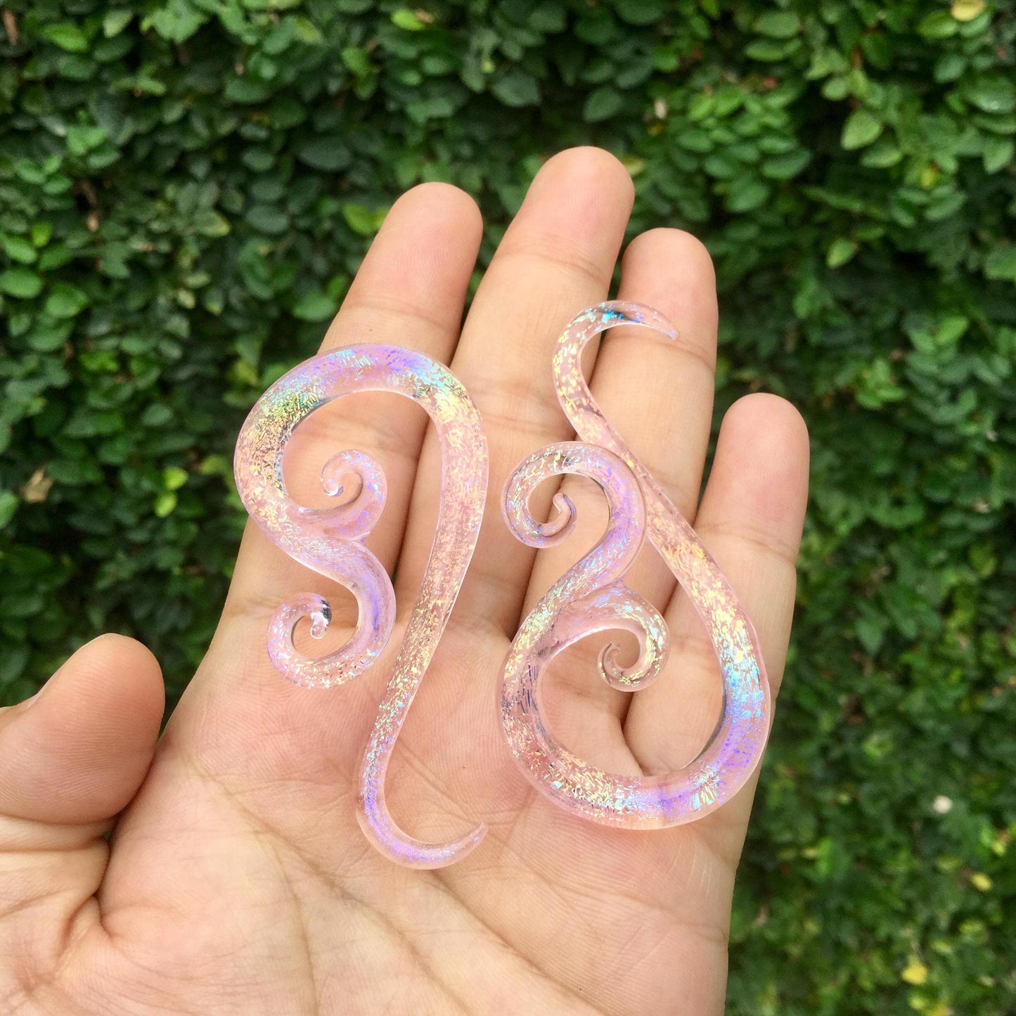 1 Pair (2 Pieces) Translucent Pink Translucent Rainbow Dichroic Glass Venus Spirals