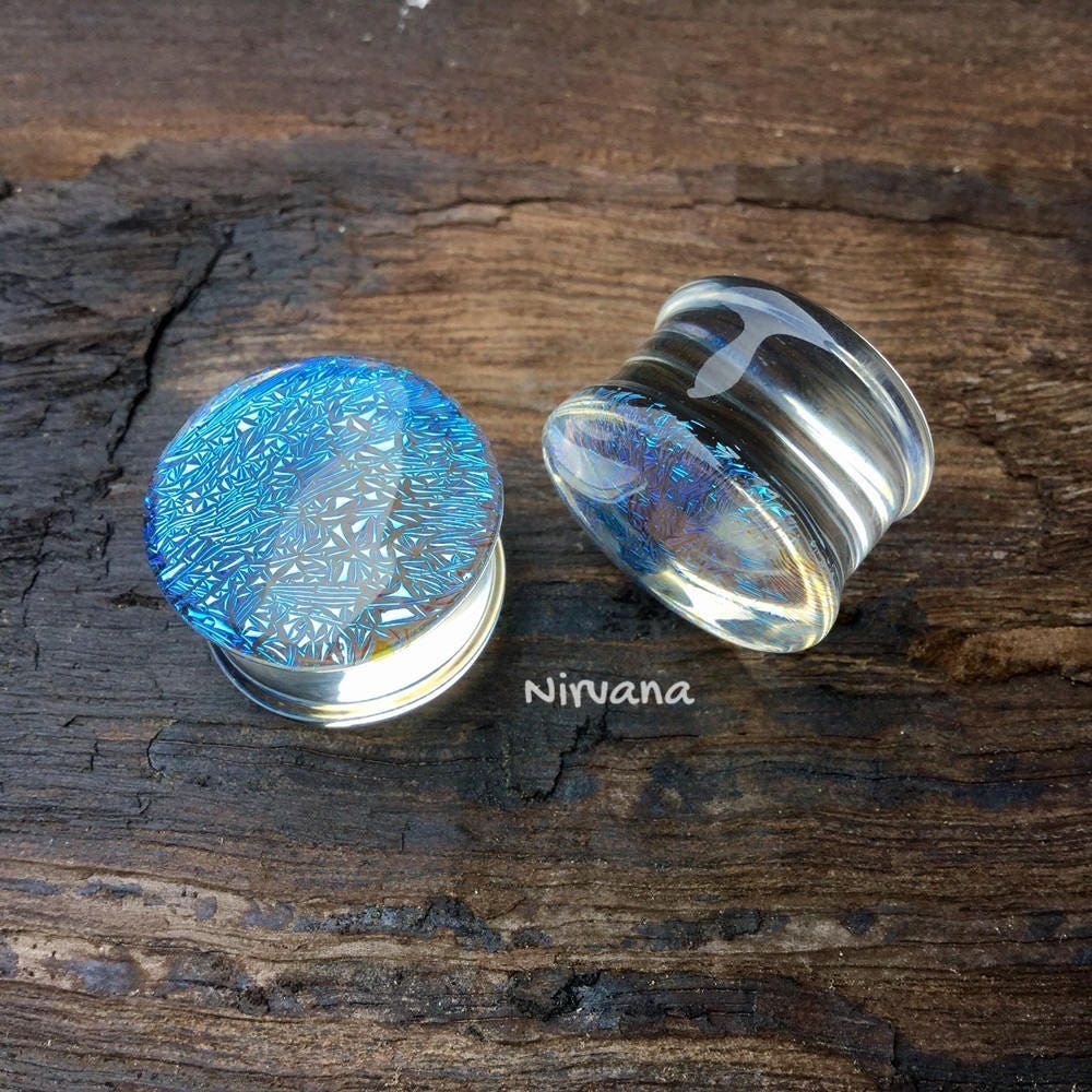 1 Pair (2 Pieces) Translucent Aqua Dichroic Glass Plugs
